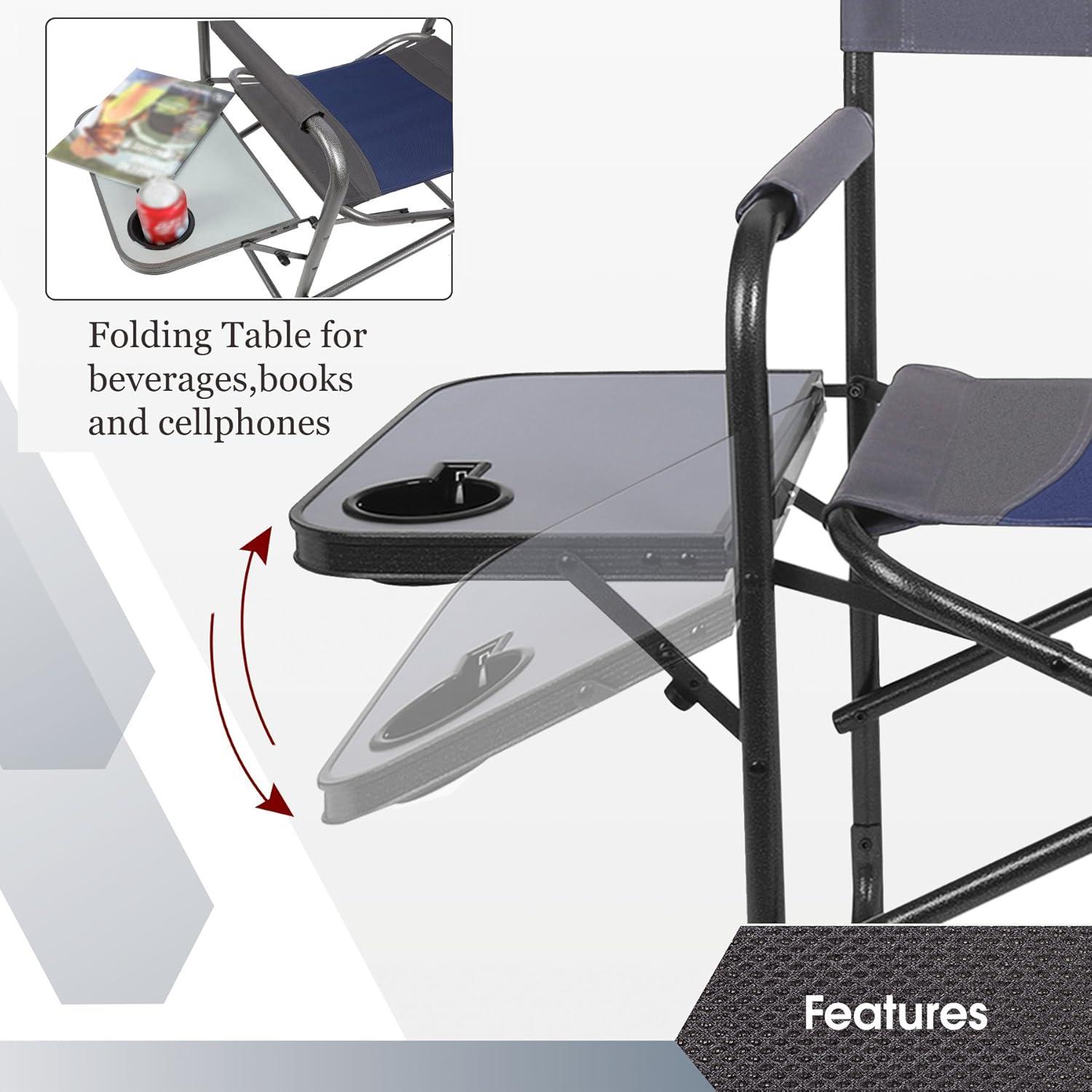 Blue and Grey Foldable Steel Camping Director Chair with Side Table