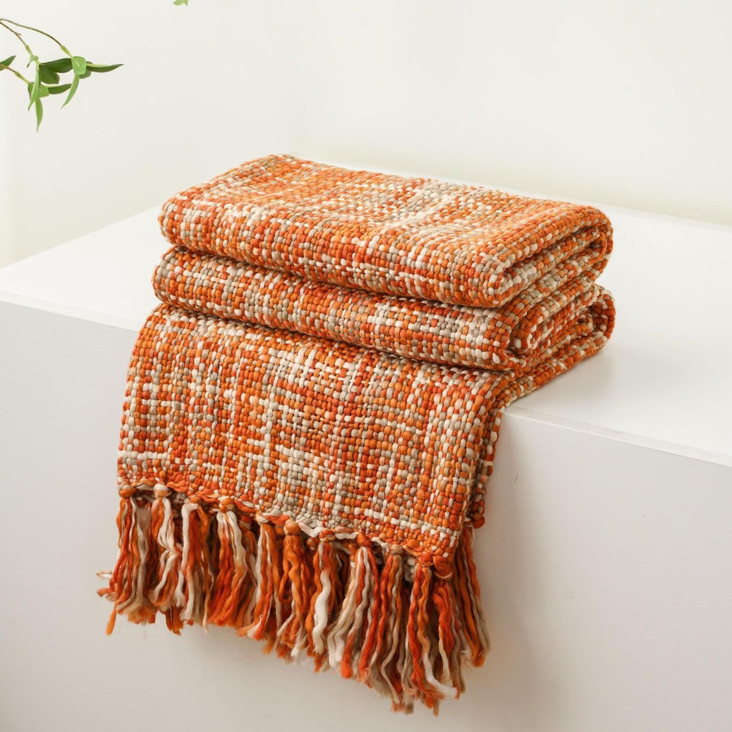 Brick Red Knitted Acrylic Throw Blanket with Fringes, 50"x60"