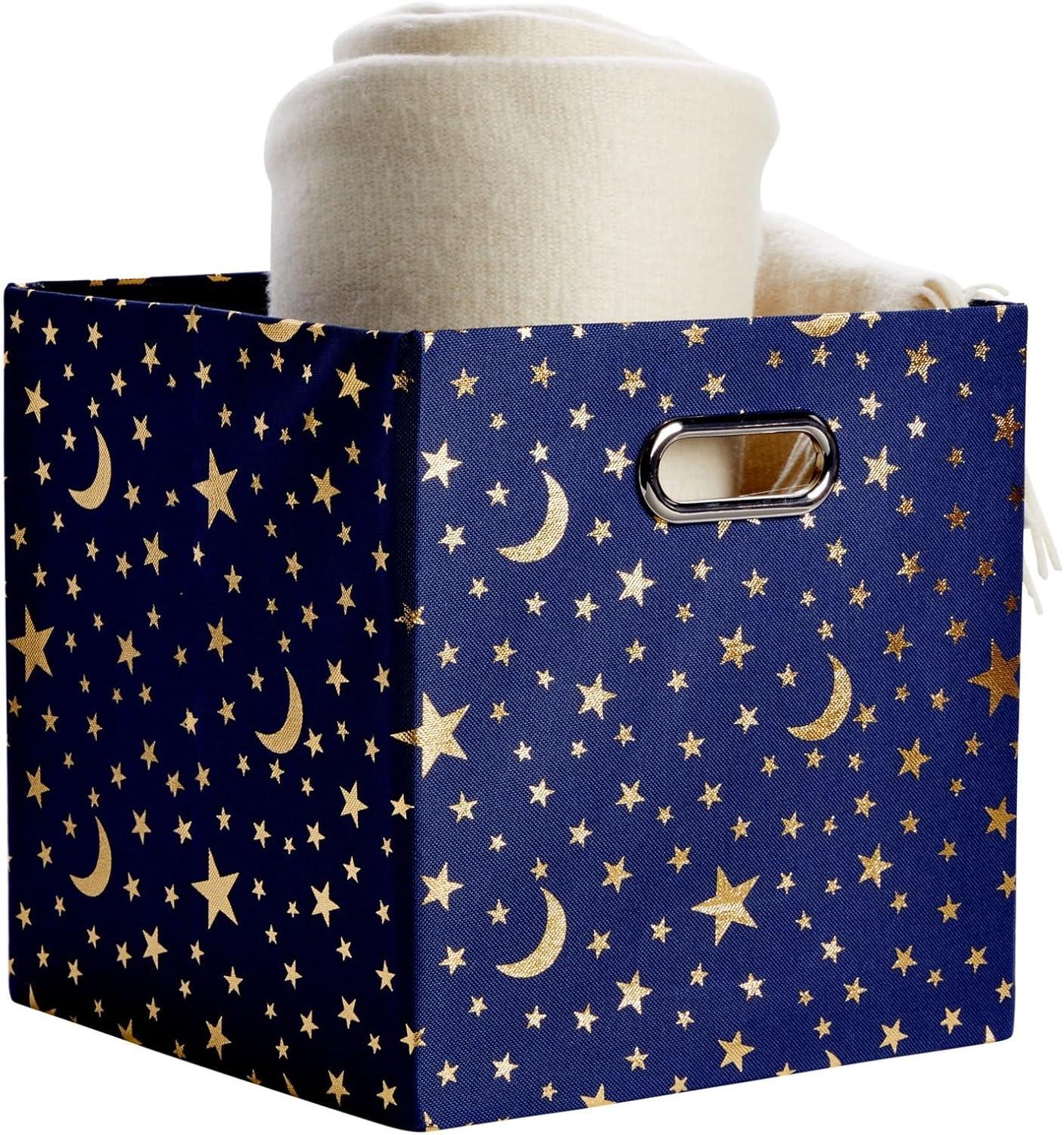 Okuna Outpost 4 Pack Star Storage Cubes, Collapsible Foldable Fabric Organizer Baskets for Clothes, Toys, Gold Moons and Stars, 11 In