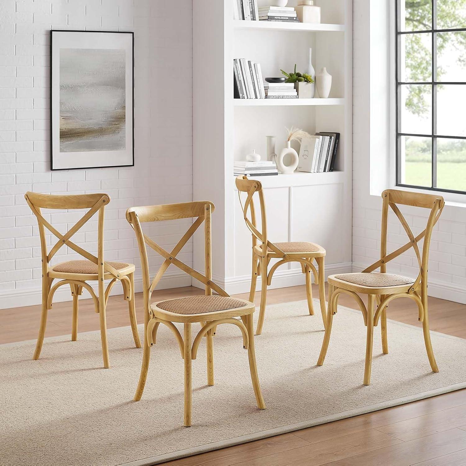 Modway Gear 18.5" Elm Wood and Rattan Dining Side Chair in Natural (Set of 4)