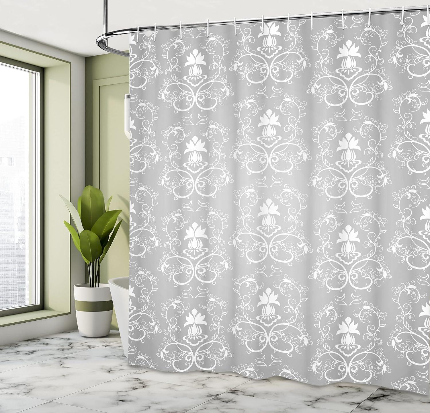 Ambesonne Damask Shower Curtain, Antique Damask Royal, 69"Wx75"L, Grey and White