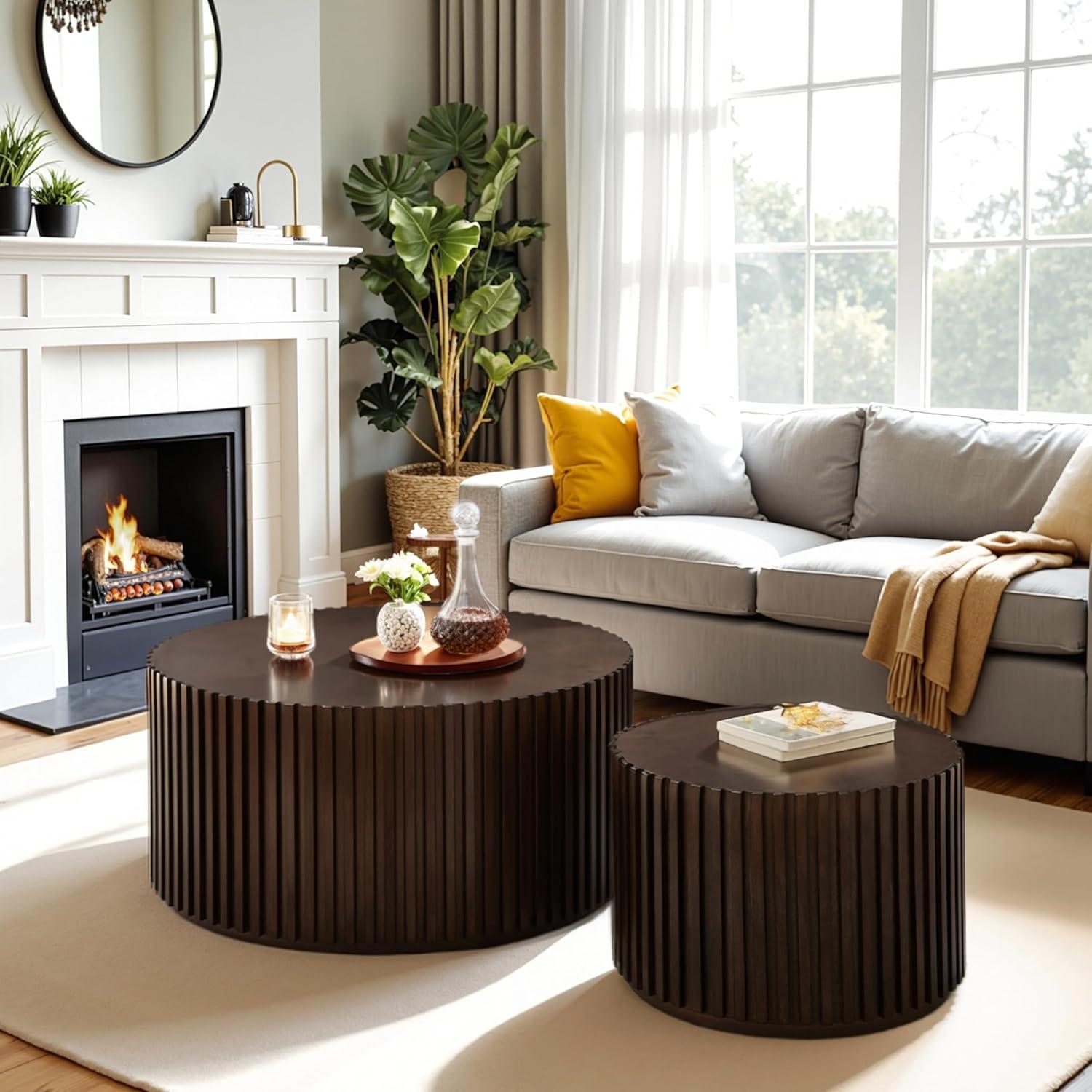 Handcraft Round Coffee Table Set of 2,Brown Nesting Side Table End Table,Modern Drum Side Table for Small Space,Living Room,Office,Bedroom-Cuddlewood
