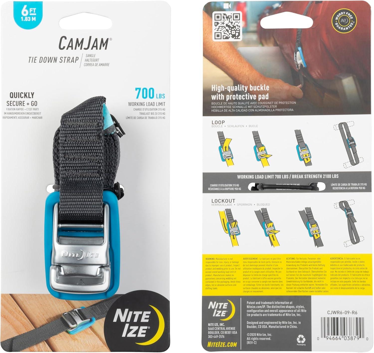Nite Ize CamJam Tie Down Strap - Tie Down Ratchet Straps - Straps for Trucks & Cars - Tie Downs for Luggage, Camping Gear & Other Loads - Moving Supplies - 6 ft Strap, Blue (Pack of 1)