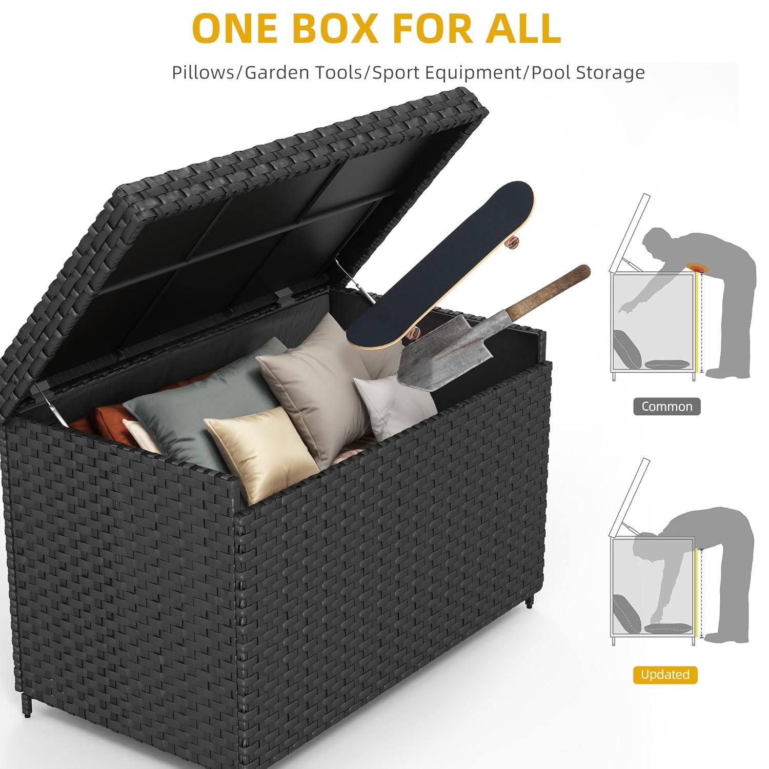 DWVO 230 Gallon Outdoor Storage Box, Weather-Proof Wicker Deck Box, XXL Outside Storage Container for Patio Furniture, Cushions, Pool Storage and Garden Tools, Black