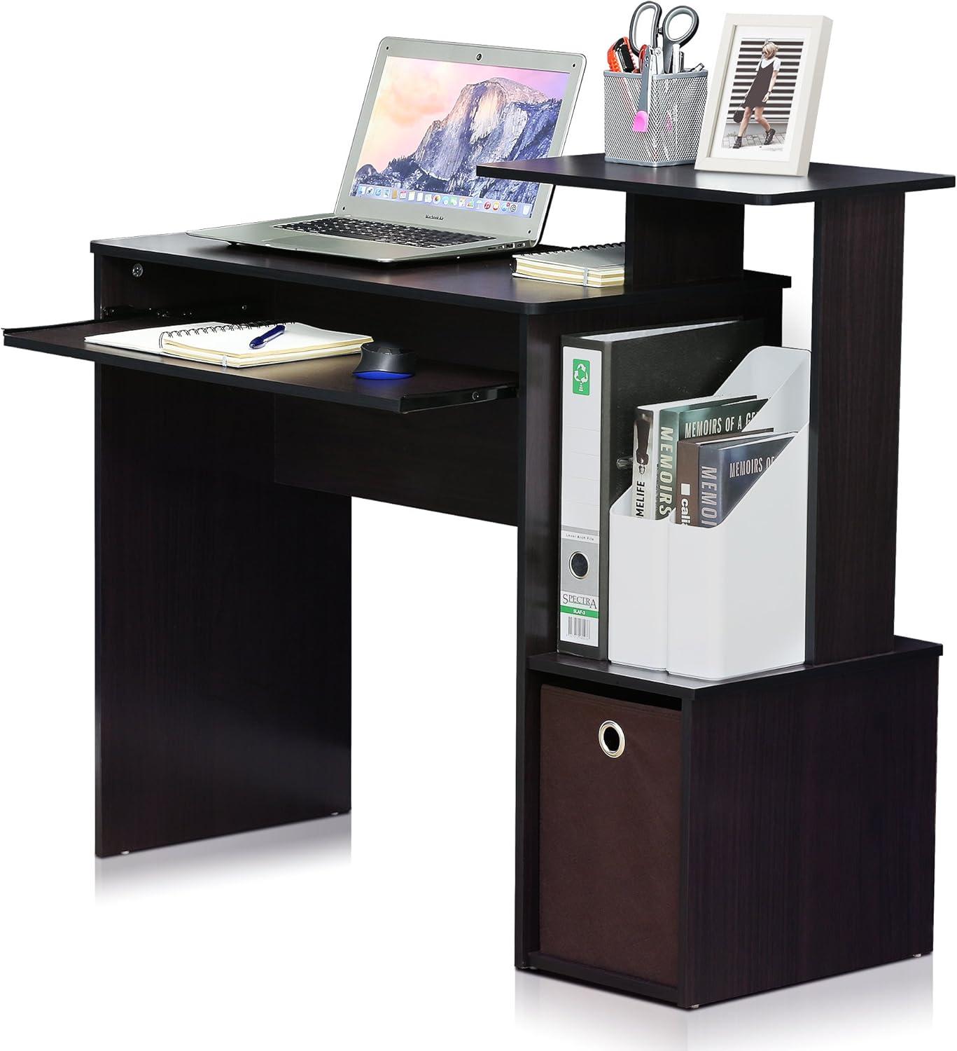 Furinno Econ Multipurpose Home Office Computer Writing Desk with Bin, Dark Walnut, Multiple Colors