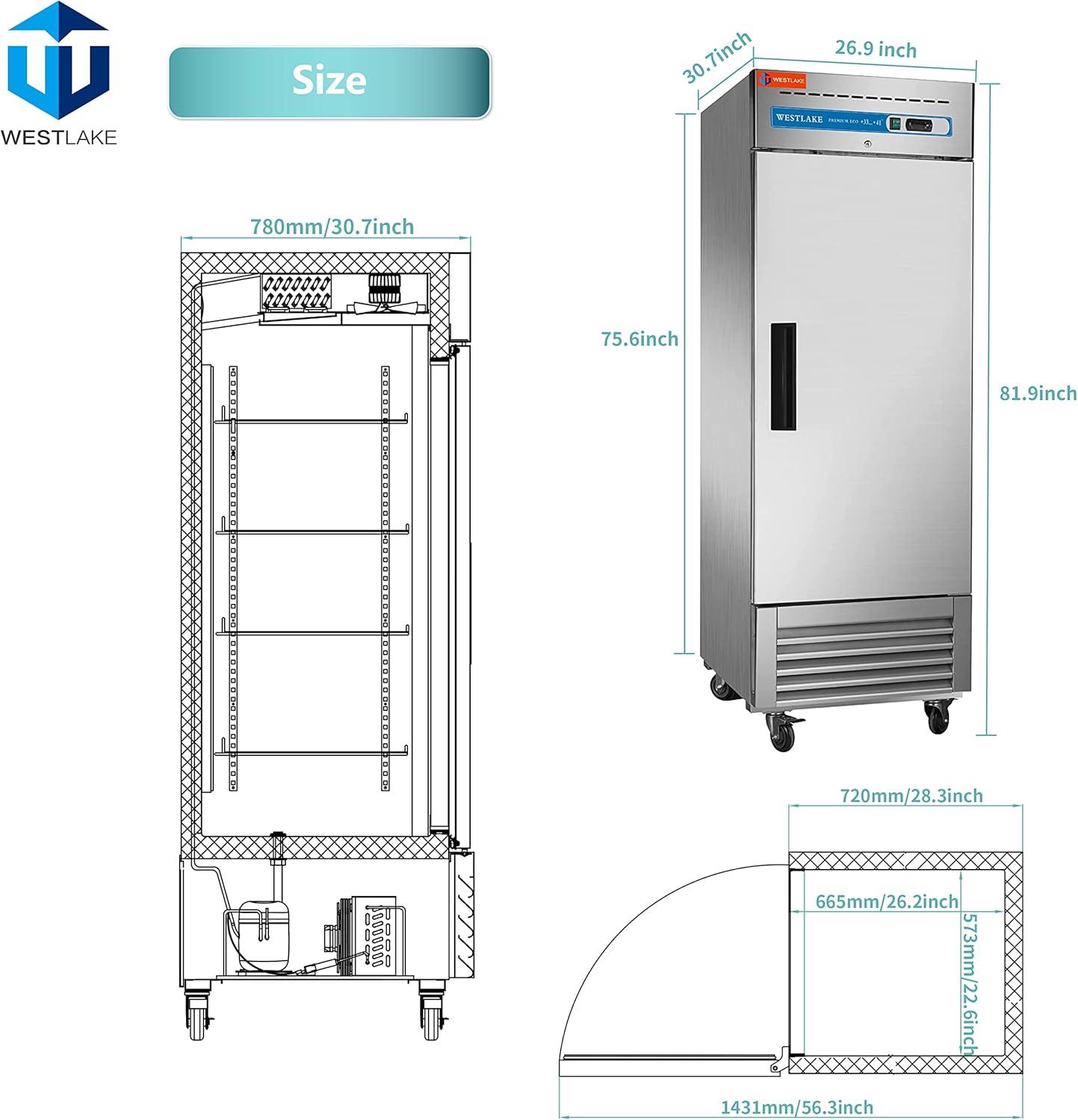 WESTLAKE 27" W Commercial Refrigerator Stainless Steel Reach in Solid Single Door Upright Fan Cooling 23 Cu.ft Cooler for Restuarant, Bar, Shop, etc