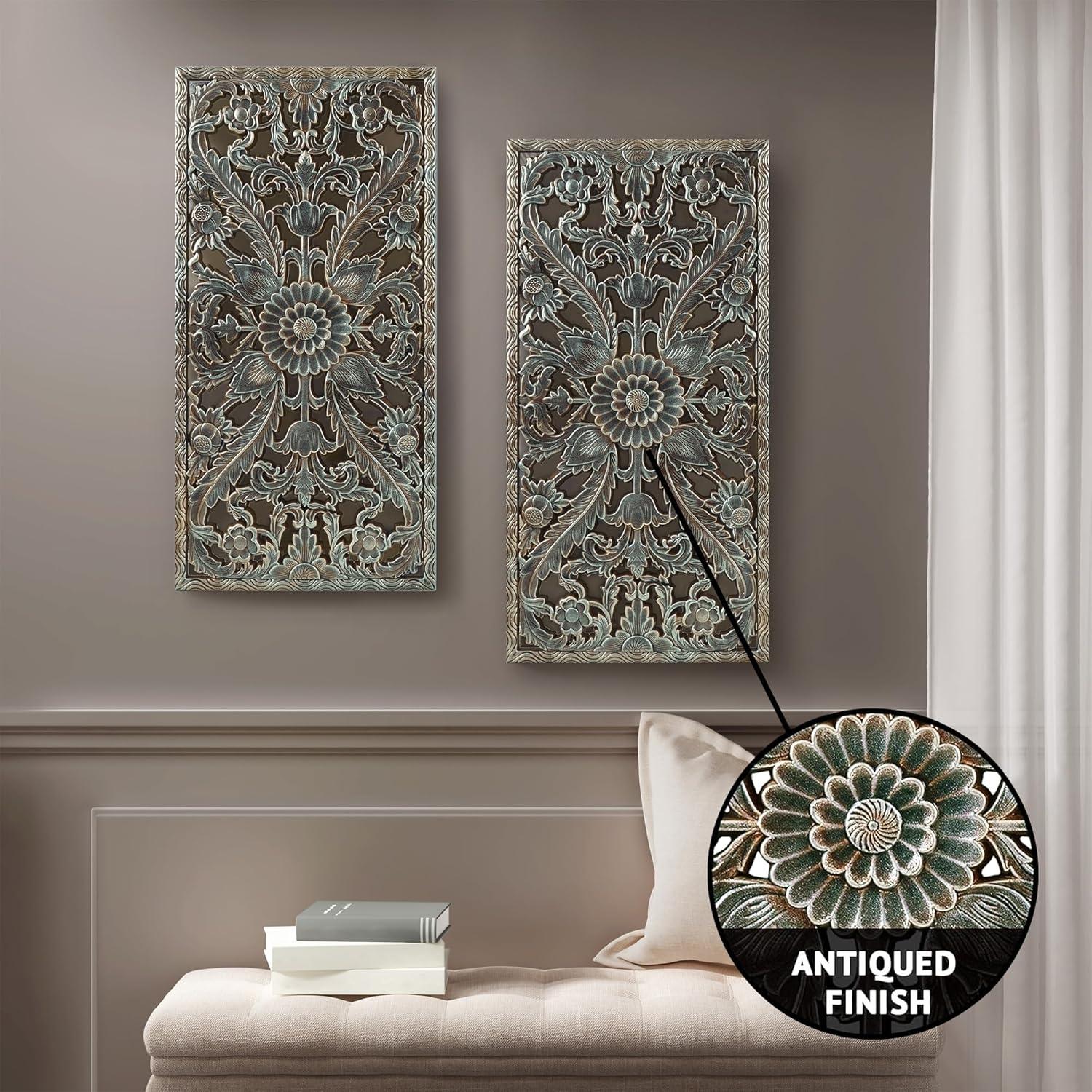 Madison Park MDF Botanical Panel Carved Wall Panel in Blue (Set of 2)