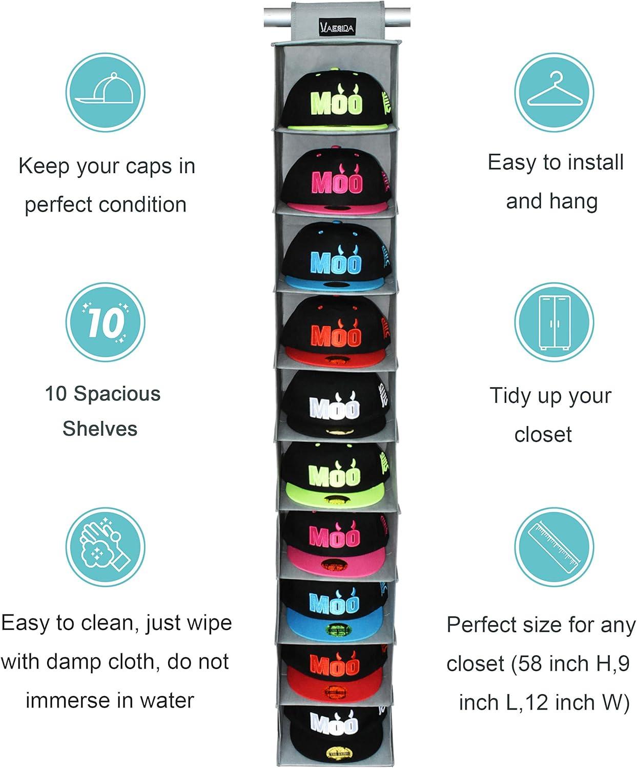 DanceeMangoos 10 Shelf Hat Rack Hanging Closet/Organizer for Storage - Best Baseball Cap Holder, Gray