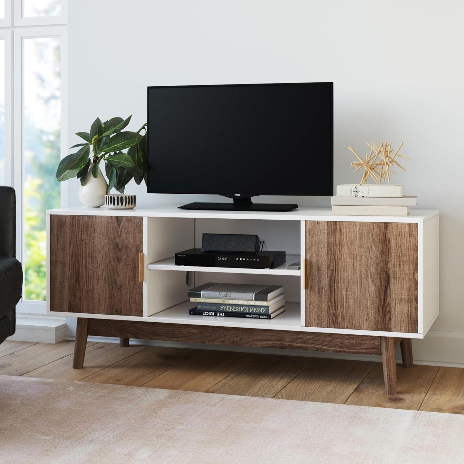 43&#34; Wesley Wood Mid Century 2 Door TV Cabinet for TVs up to 59&#34; White Warm/Reclaimed Oak - Nathan James
