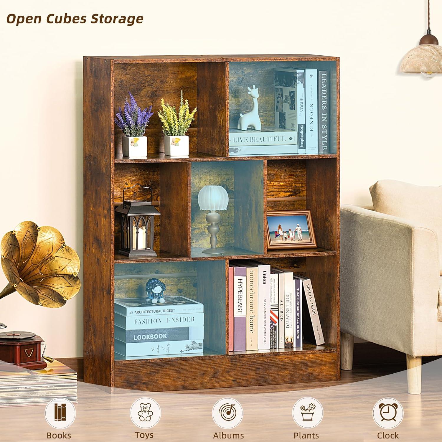 Retro Brown 3-Tier Cube Bookshelf with Glossy Finish