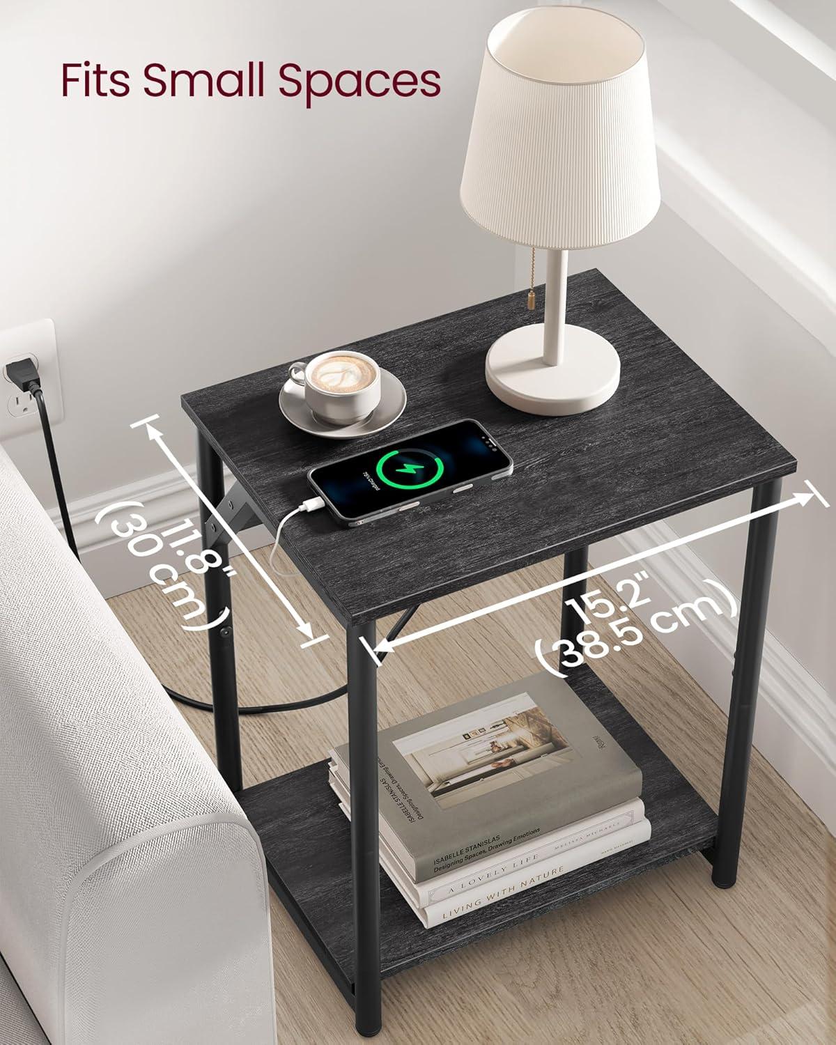 Misty Gray and Black Metal End Tables with Charging Station