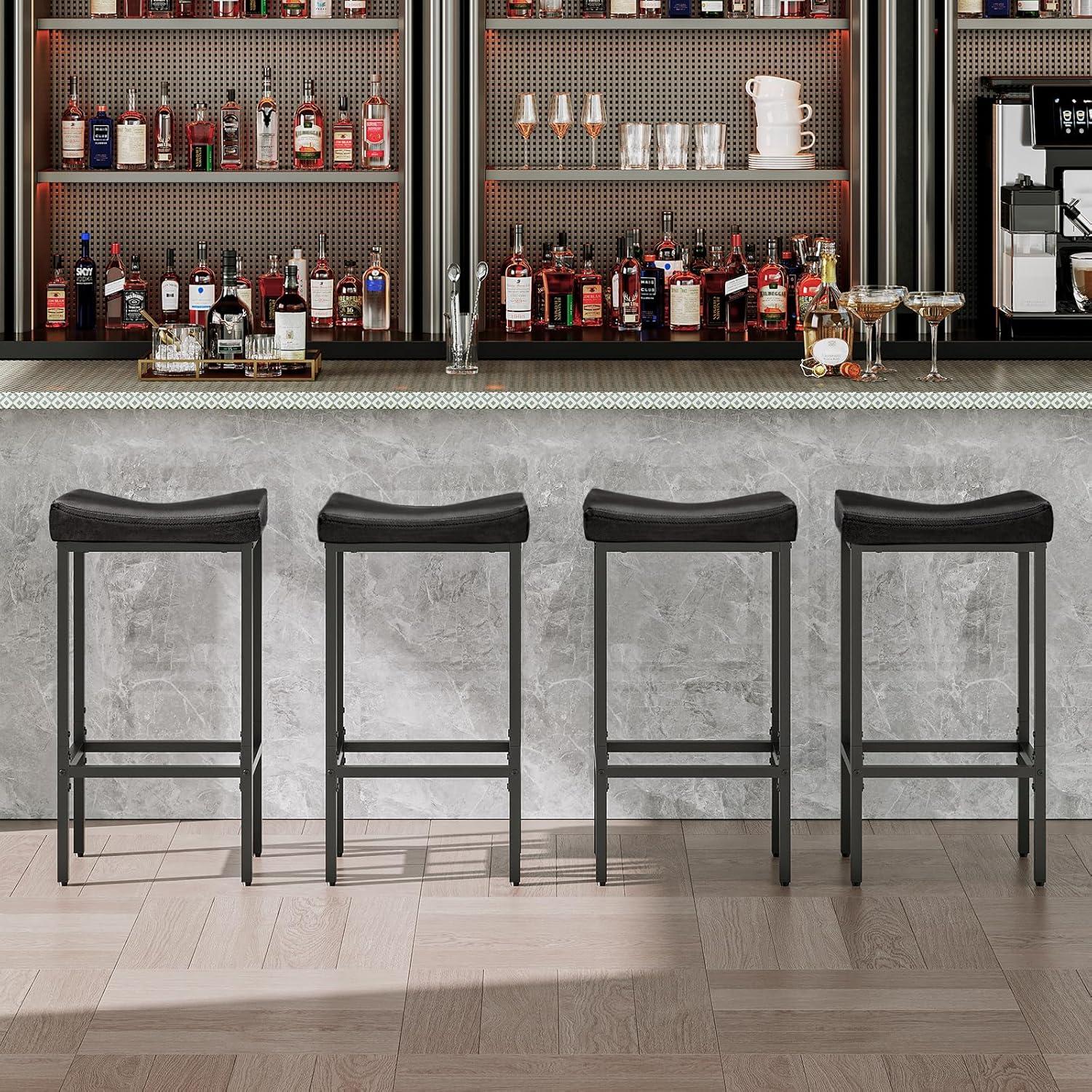 edx Bar Stools Set of 4, Modern Counter Height, 24 Inch Kitchen Barstools with Metal Base, PU Leather Saddle Seats for Kitchen Island, Black