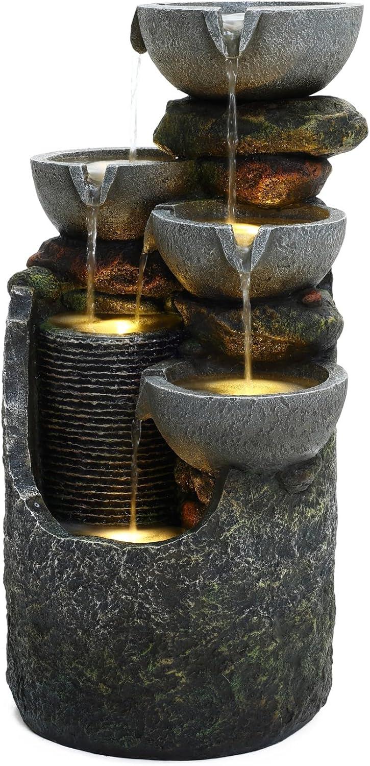 LuxenHome 25" Small Water Fountain Outdoor, Cascading Bowl Garden Water Features with LED Lights Gray