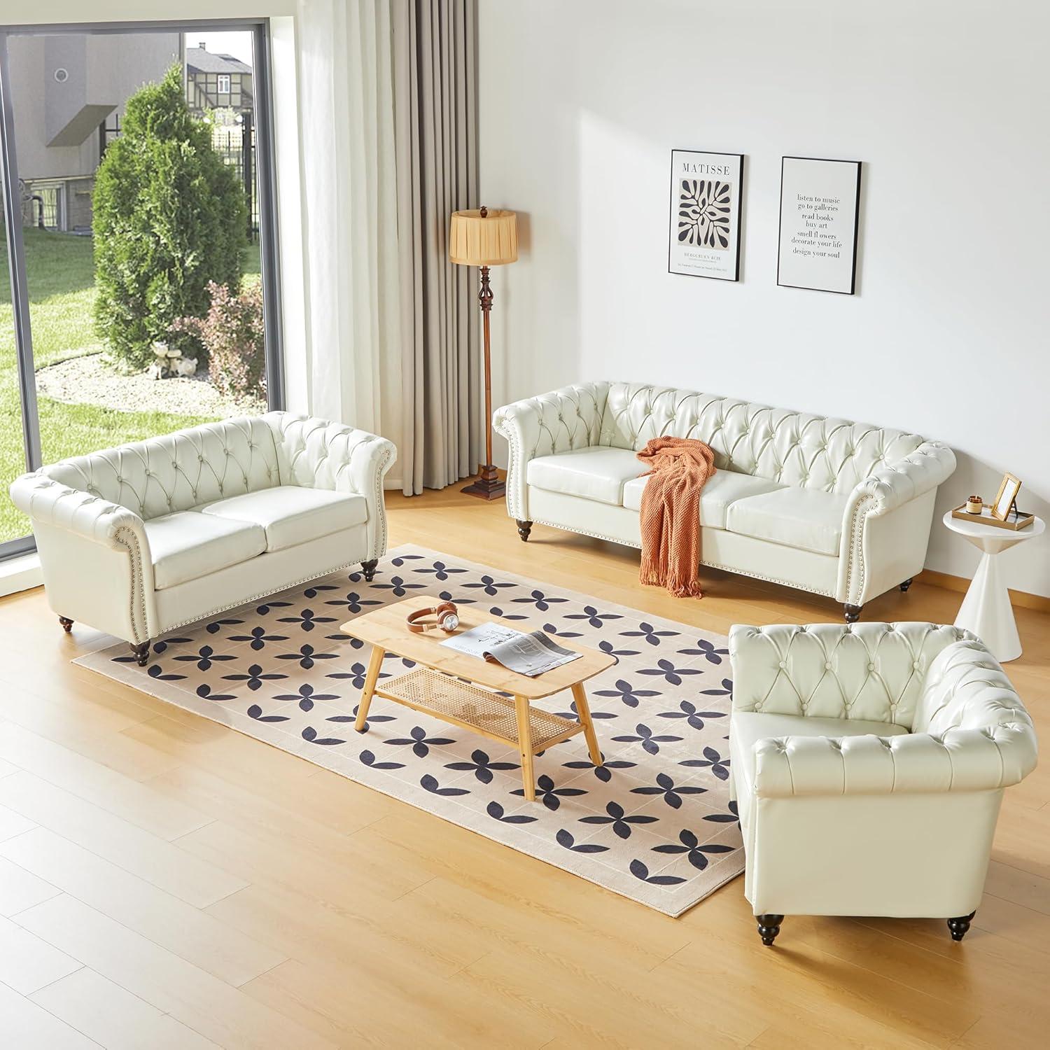 White Faux Leather Chesterfield Sofa with Rolled Arms and Nailhead Trim