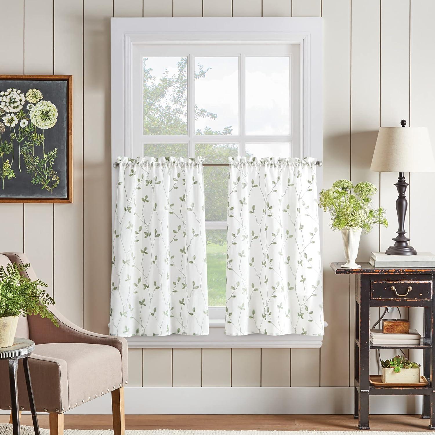 Sage Botanical Embroidered Polyester Light-Filtering Tier Curtains