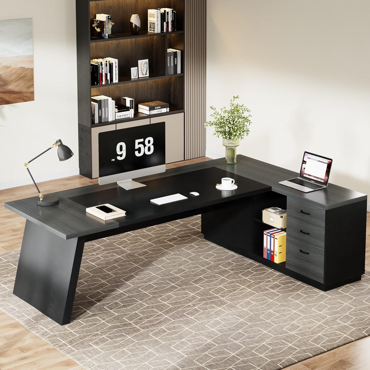 Tribesigns 78-Inch L-Shaped Executive Desk, Large Office Desk with Drawers and Lateral File Cabinet, Modern Computer Desk for Home Office, Gray & Black