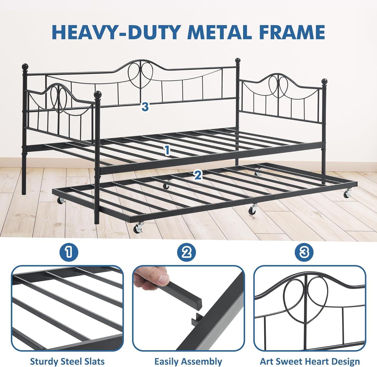 Twin Daybed with Trundle, Metal Day Beds Twin Size, Sofa Bed for Living Room and Guest Room, Black