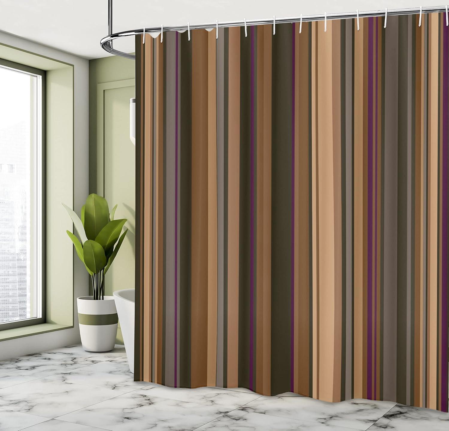 Abstract Shower Curtain, Retro Vertical Striped Background in Different Shades of Earthen Tones Image, Fabric Bathroom Set with Hooks, 69W X 70L Inches, Tan and Brown, by Ambesonne