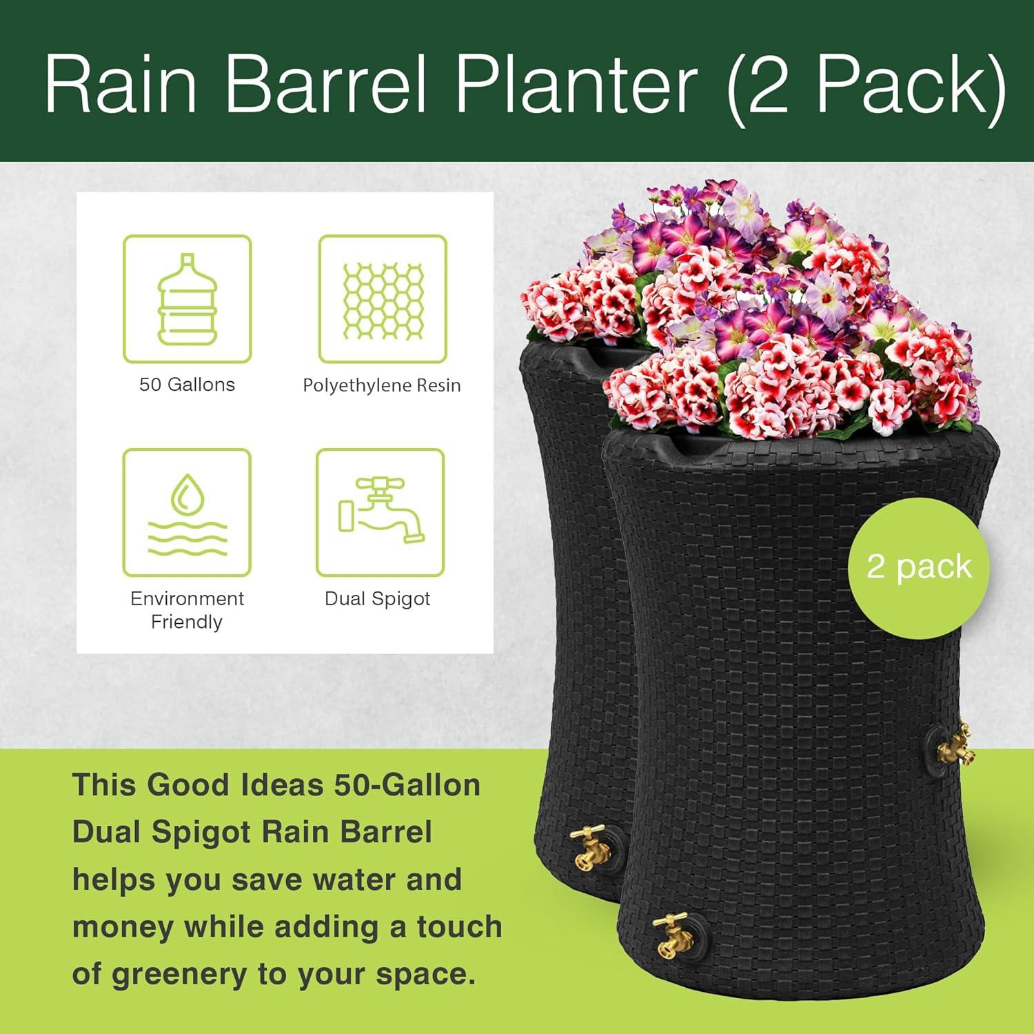 Good Ideas Impressions 50 Gallon Nantucket Outdoor Home Rain Barrel Water Storage Collector with Garden Planter and Brass Spigot, Black (2 Pack)
