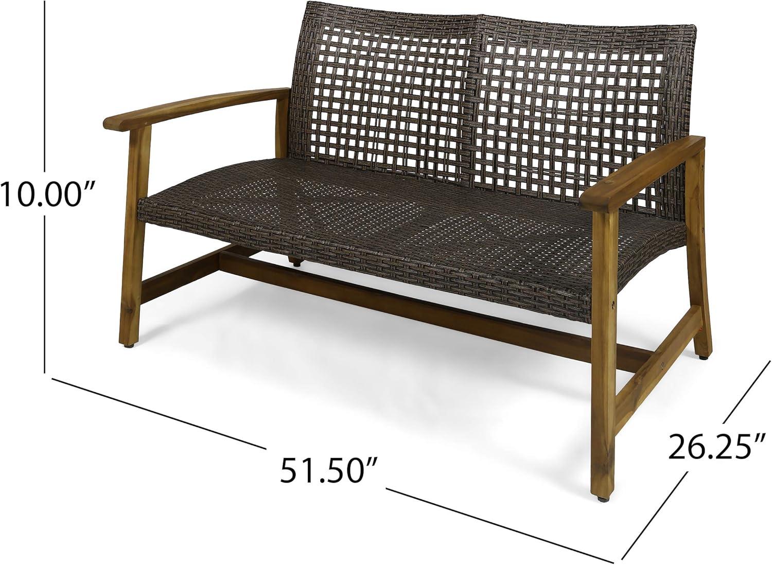 GDFStudio Jean Outdoor Acacia Wood and Wicker Loveseat, Brown/Gray