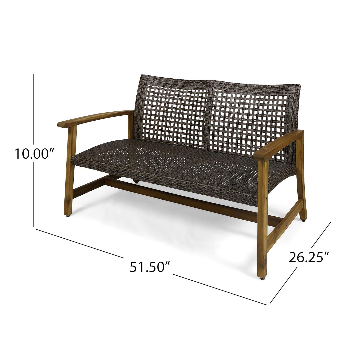 GDFStudio Jean Outdoor Acacia Wood and Wicker Loveseat, Brown/Gray