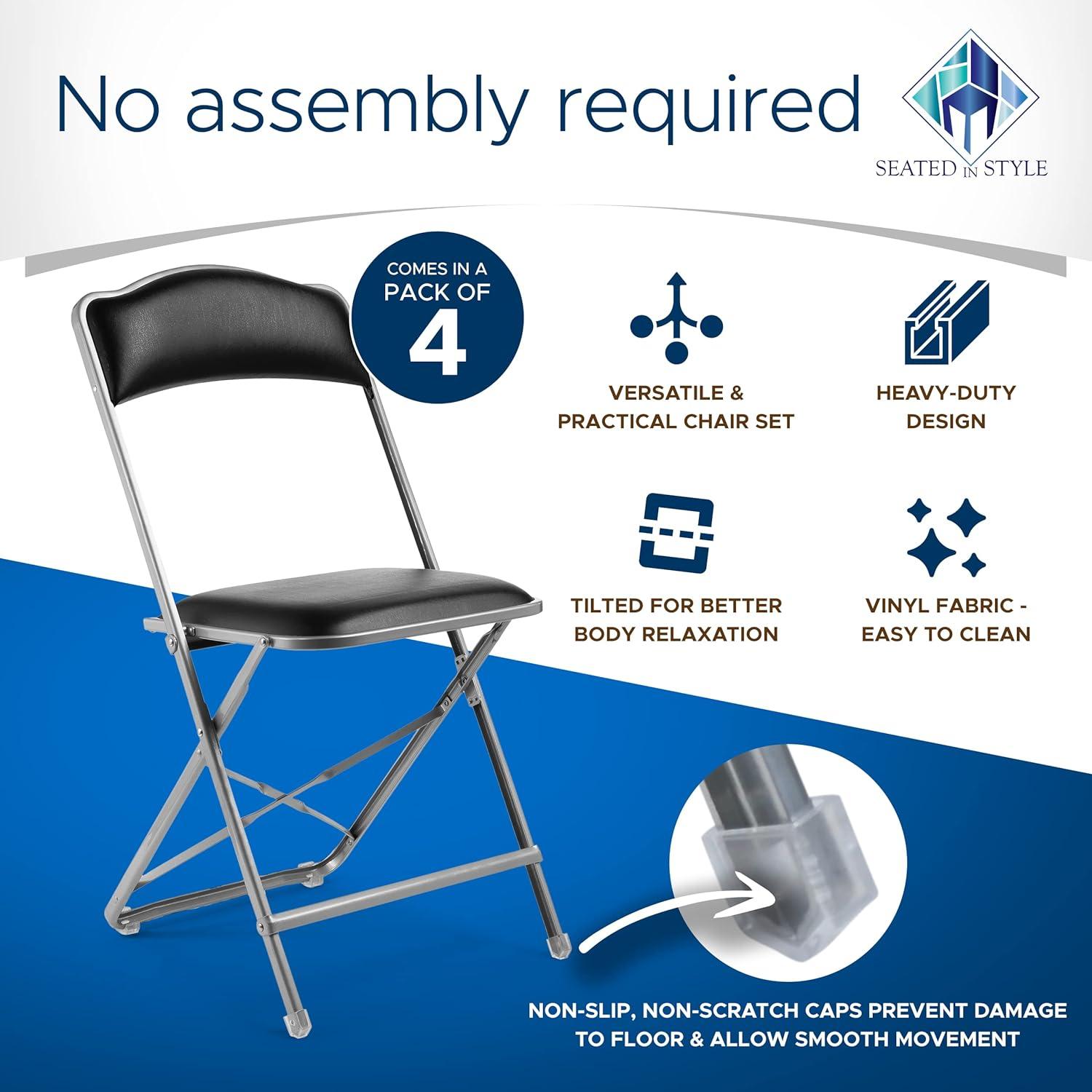 4 Pack Folding Chairs with Leather Padded Cushion Seats & Durable Metal Frame, Comfortable, Foldable, Portable, Commercial Event Seat, Indoor Outdoor for Parties, Home, Office, Black