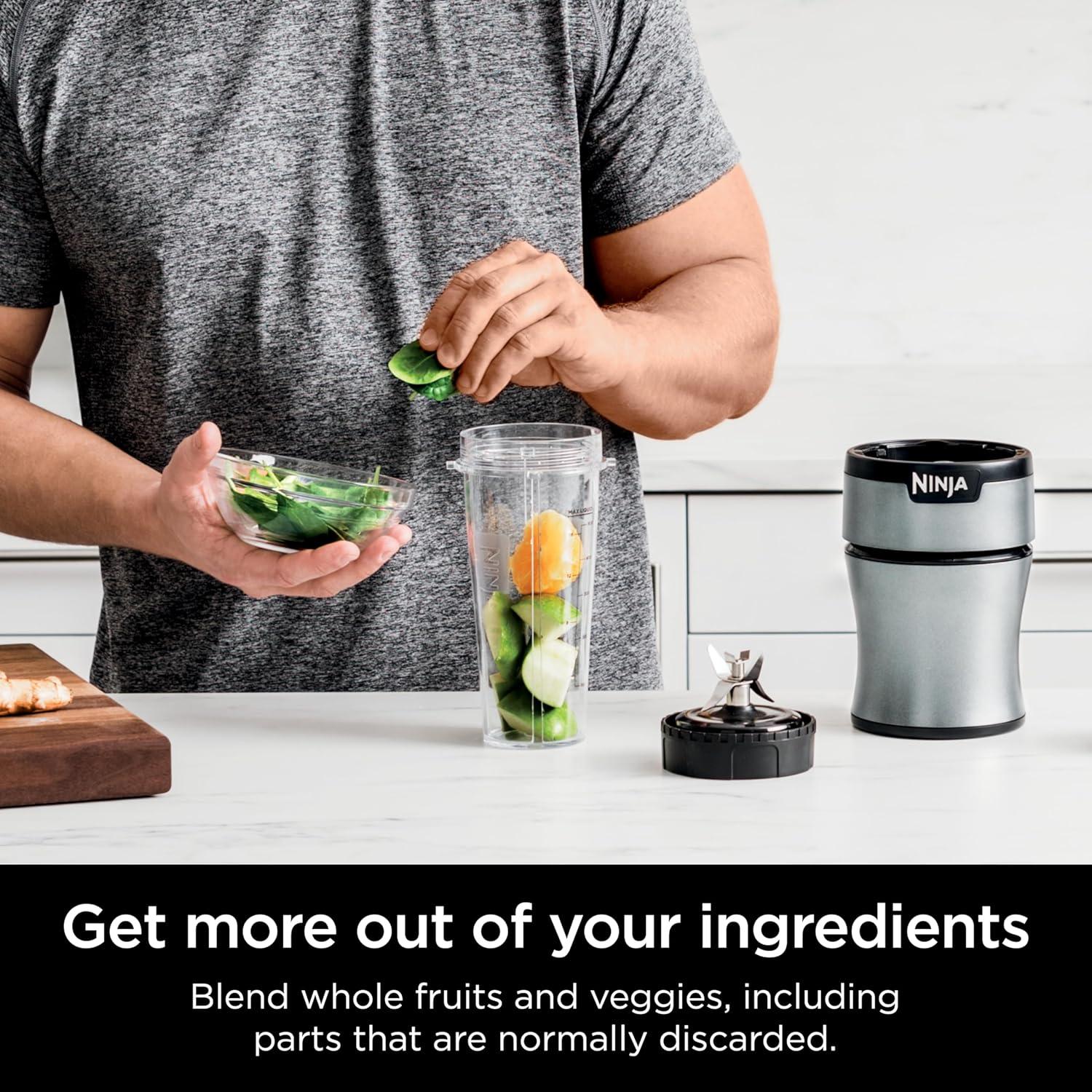 Ninja BN301 Nutri-Blender Plus Compact Personal Blender, 900-Peak-Watt Motor, Frozen Drinks, Smoothies, Sauces & More, (3) 20 oz. To-Go Cups, (2) Spout-Lids (1) Storage-Lid, Dishwasher Safe, Silver