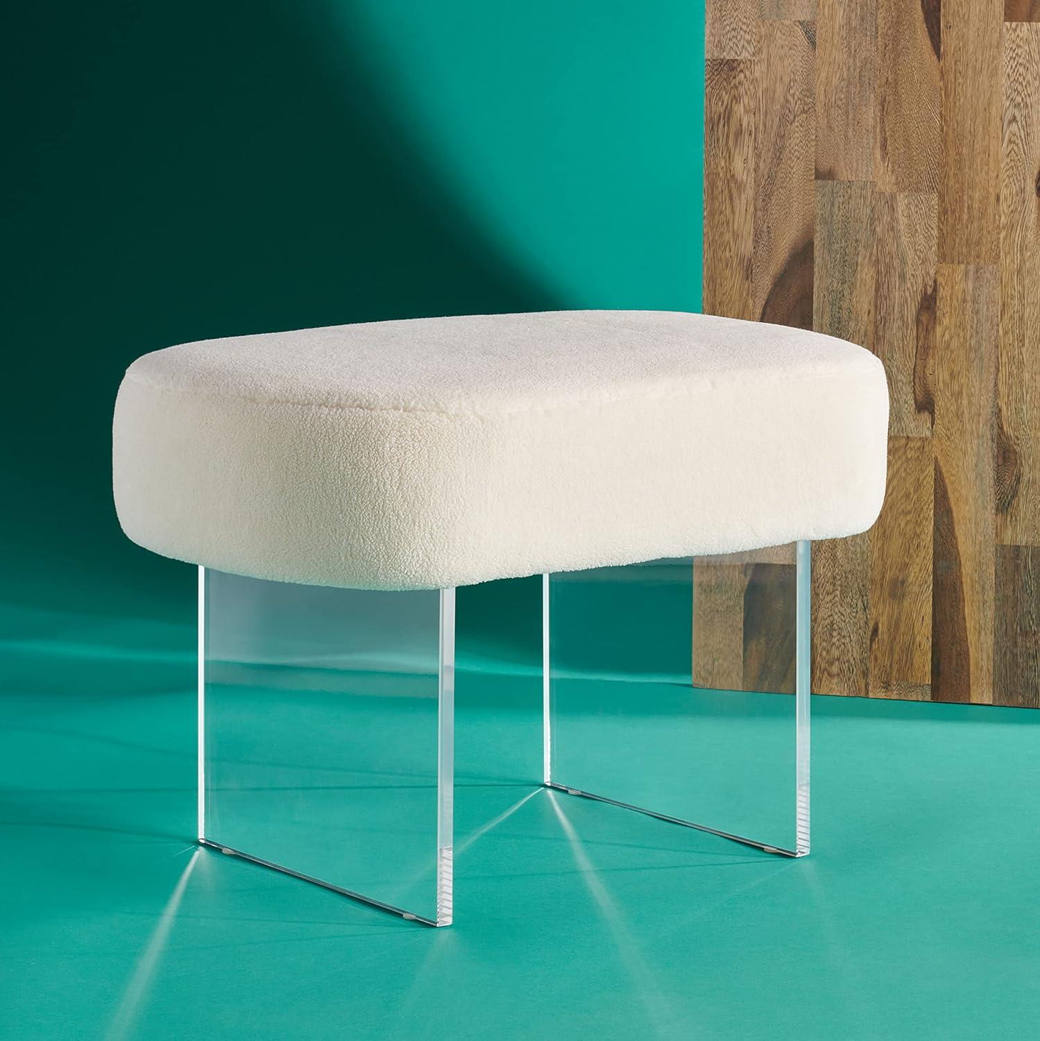 Ivory Faux Sheepskin Ottoman with Crystal-Clear Acrylic Legs