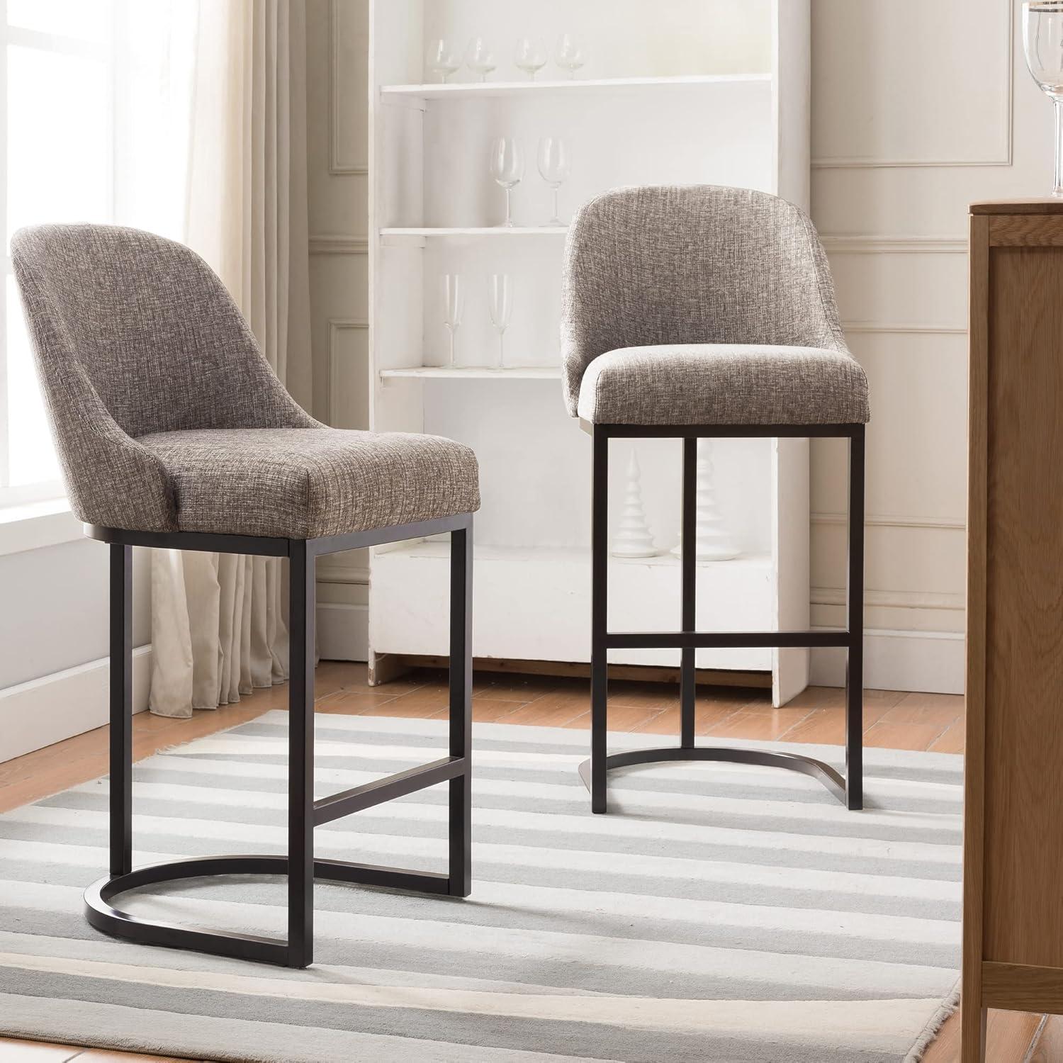 Espresso Metal Base Barrelback Bar Stool with Gray Linen Seat, Set of 2