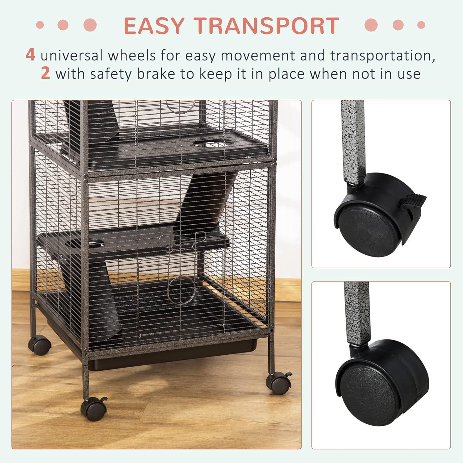 Pawhut Rolling Small Animal Cage for Rabbits, Chinchillas and Hamsters with 4 Platforms and Removable Tray