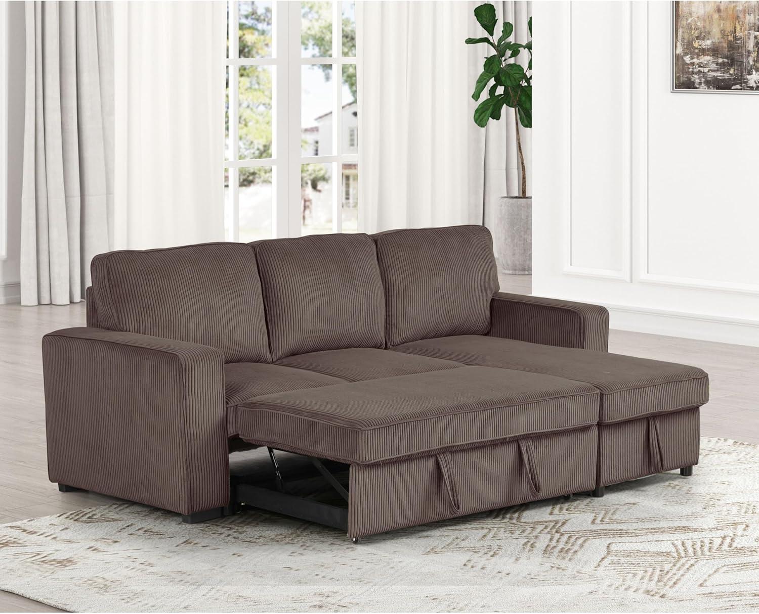 HOMES: Inside + Out Paeke Sleeper Sectional Sofa Corduroy with Storage Chaise and Reversible Brown