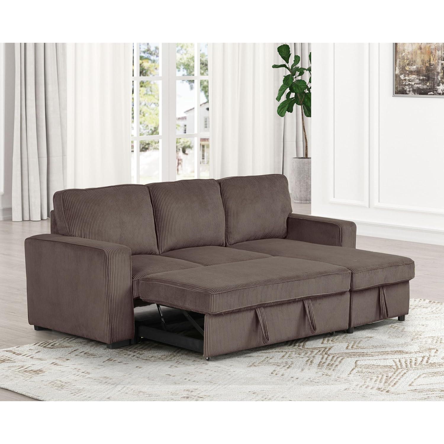 HOMES: Inside + Out Paeke Sleeper Sectional Sofa Corduroy with Storage Chaise and Reversible Brown