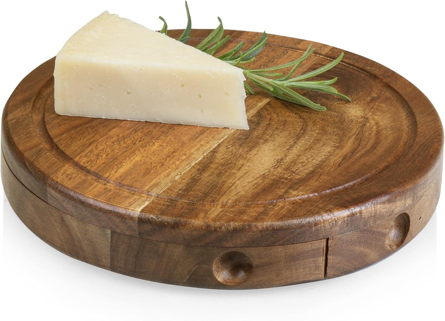 Acacia Round Cheese Board Set - Picnic Time: Charcuterie & Cutting Board, Lightweight Acacia, 7.5" Brown