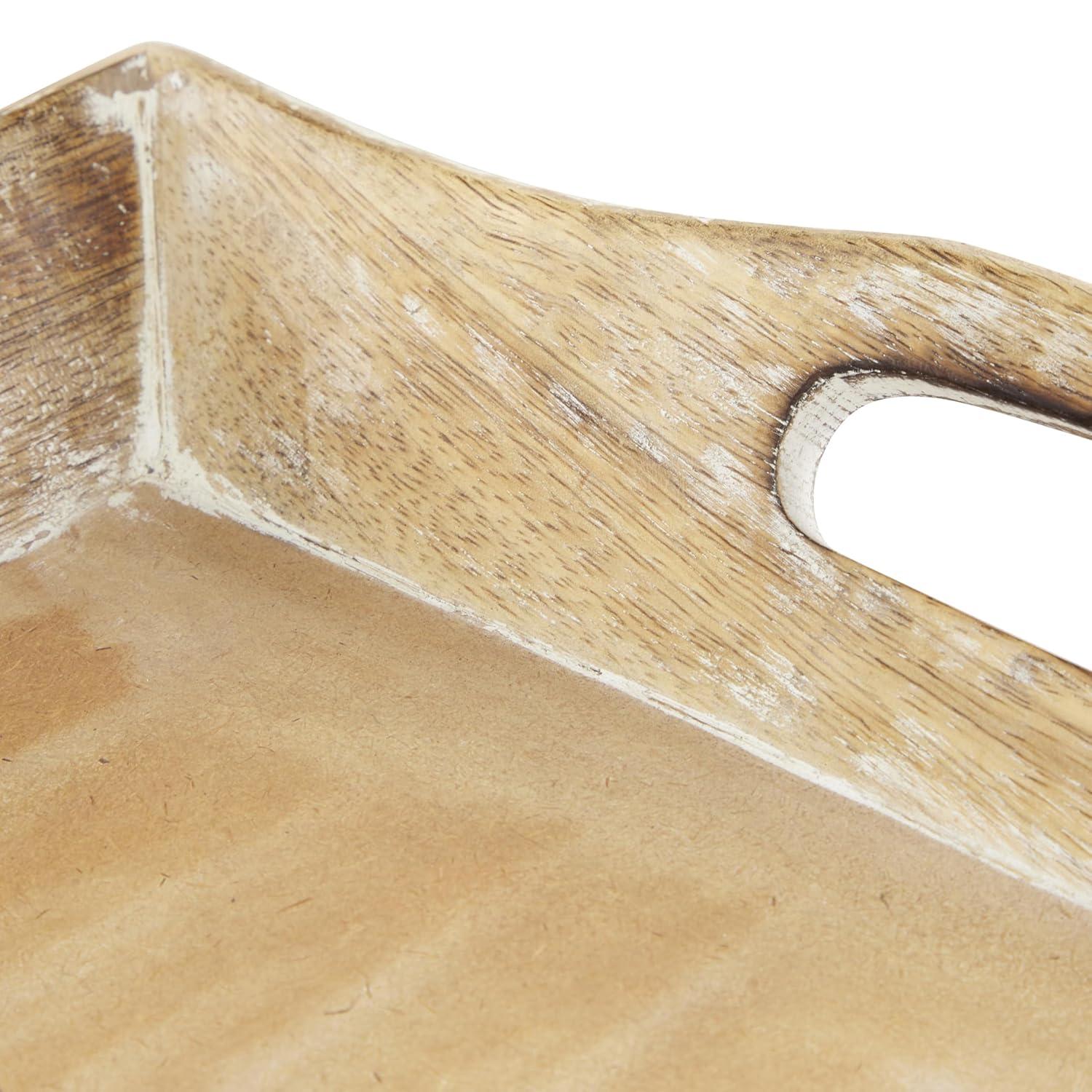 Olivia & May Set of 2 Traditional Whitewashed Natural Mango Wood Serving Trays Brown: Ottoman Style, with Handles