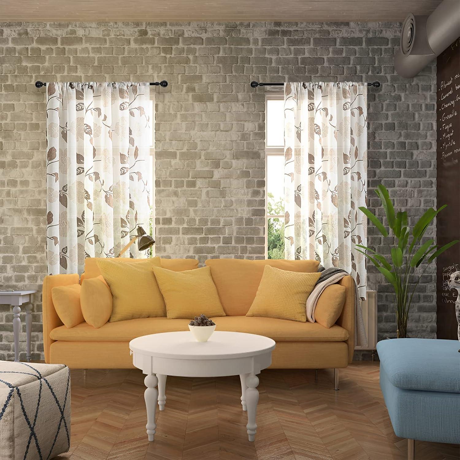 MRTREES Sheer Curtain Panels, Voile Sheer Curtains Drapes Rod Pocket, Flower Printed Embroidery Window Curtain Treatments for Bedroom Living Room Bathroom Window(2 Panels, 54x45 Inches, Brown)