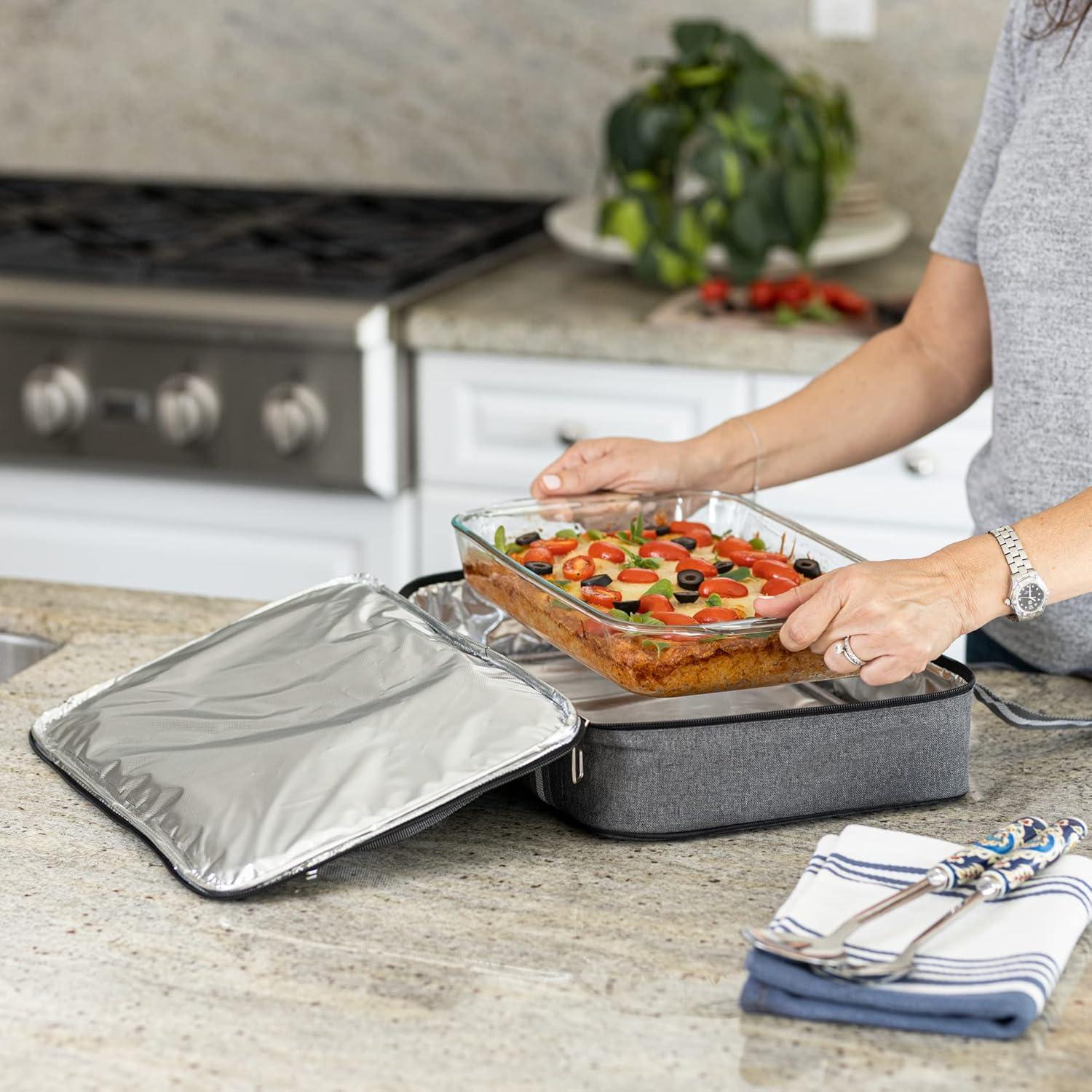 Gray Insulated Casserole Carrier and Lasagna Holder for Picnic Potluck Beach Day Trip Camping Hiking - Hot and Cold Thermal Bag in Gray – Tote can hold 11 x 15 or 9 x 13 baking dish