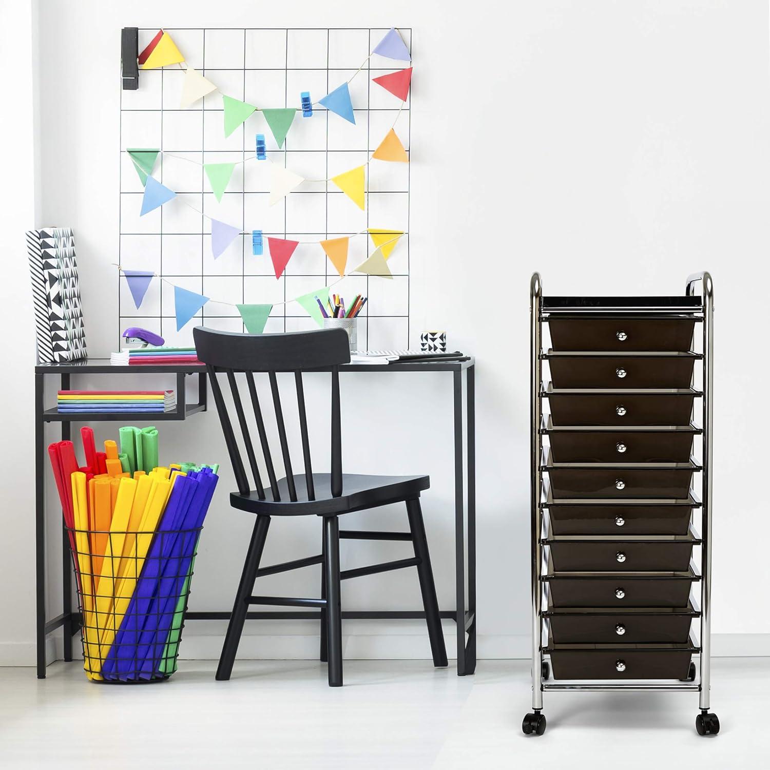 Black 10-Drawer Rolling Utility Storage Organizer with Chrome Frame