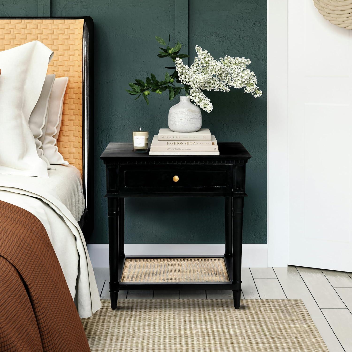 Storied Home Maxwelton End Table Black: Elegant Square Nightstand with Storage Drawer & Cane Shelf