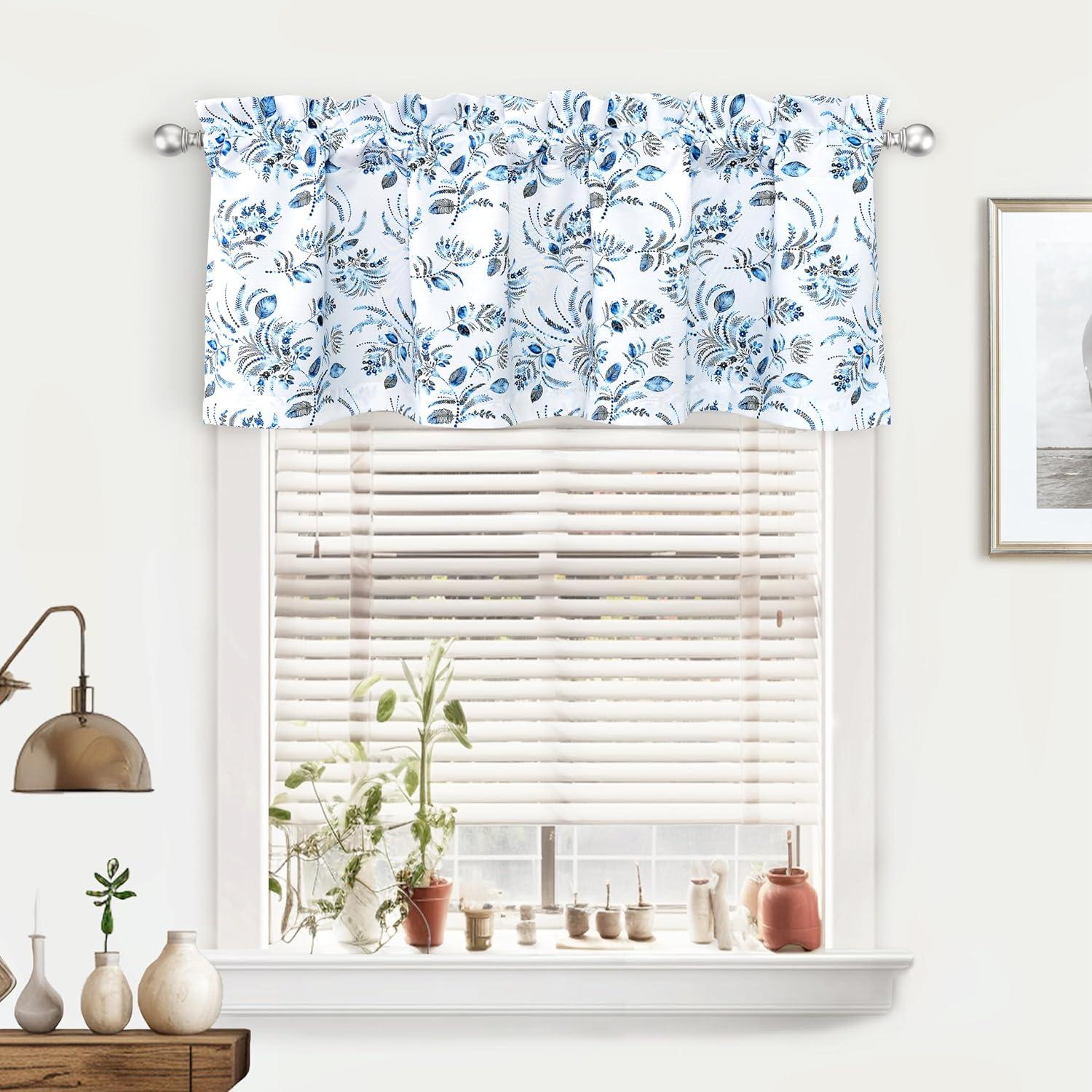 Navy Blue Floral Leaves Rod Pocket Valance, 52 x 18 Inch