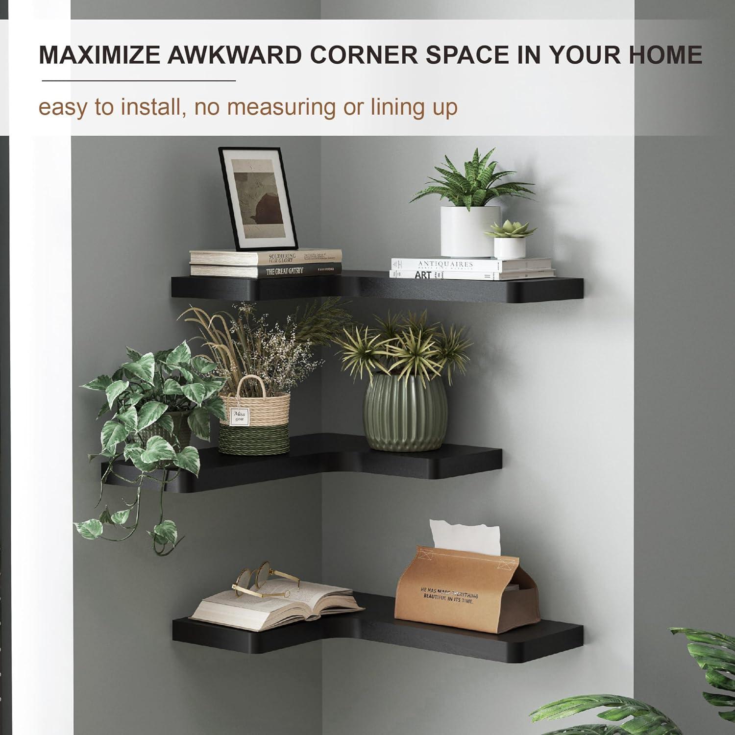 Black Wood 3-Tier Corner Floating Wall Shelves