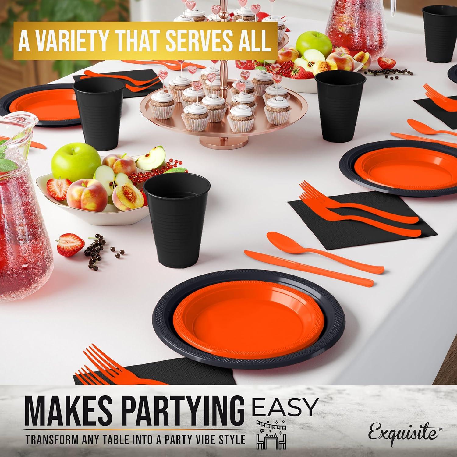 Crown Display 350 Piece Black and Orange Halloween Disposable Plastic Dinnerware party set- Serves 50