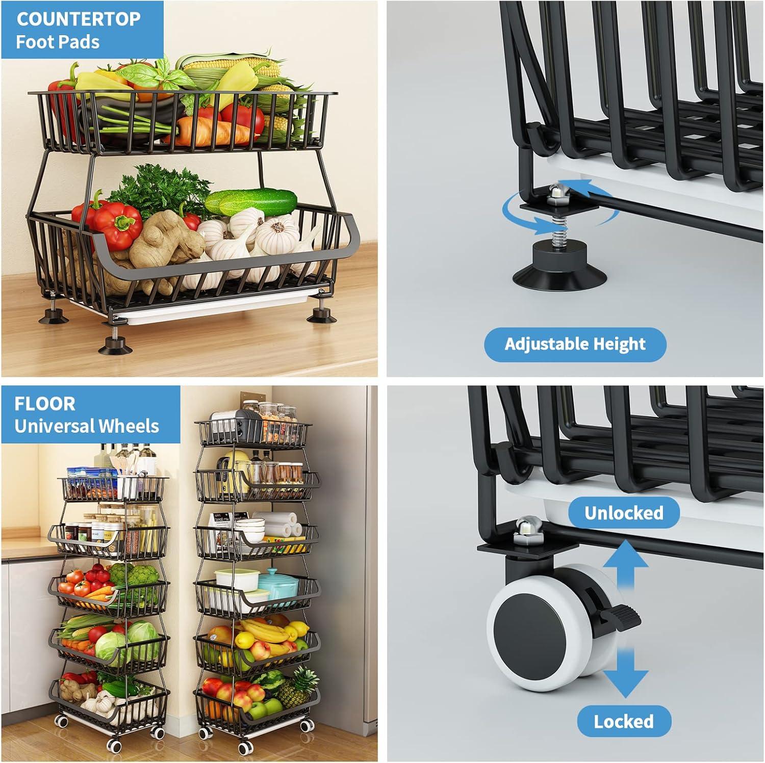 Wisdom Star 5 Tier, Kitchen Fruit Vegetable Storage Cart, Vegetable Basket Bins for Onions and Potatoes, Wire Storage Organizer Utility Cart with Wheels, Black