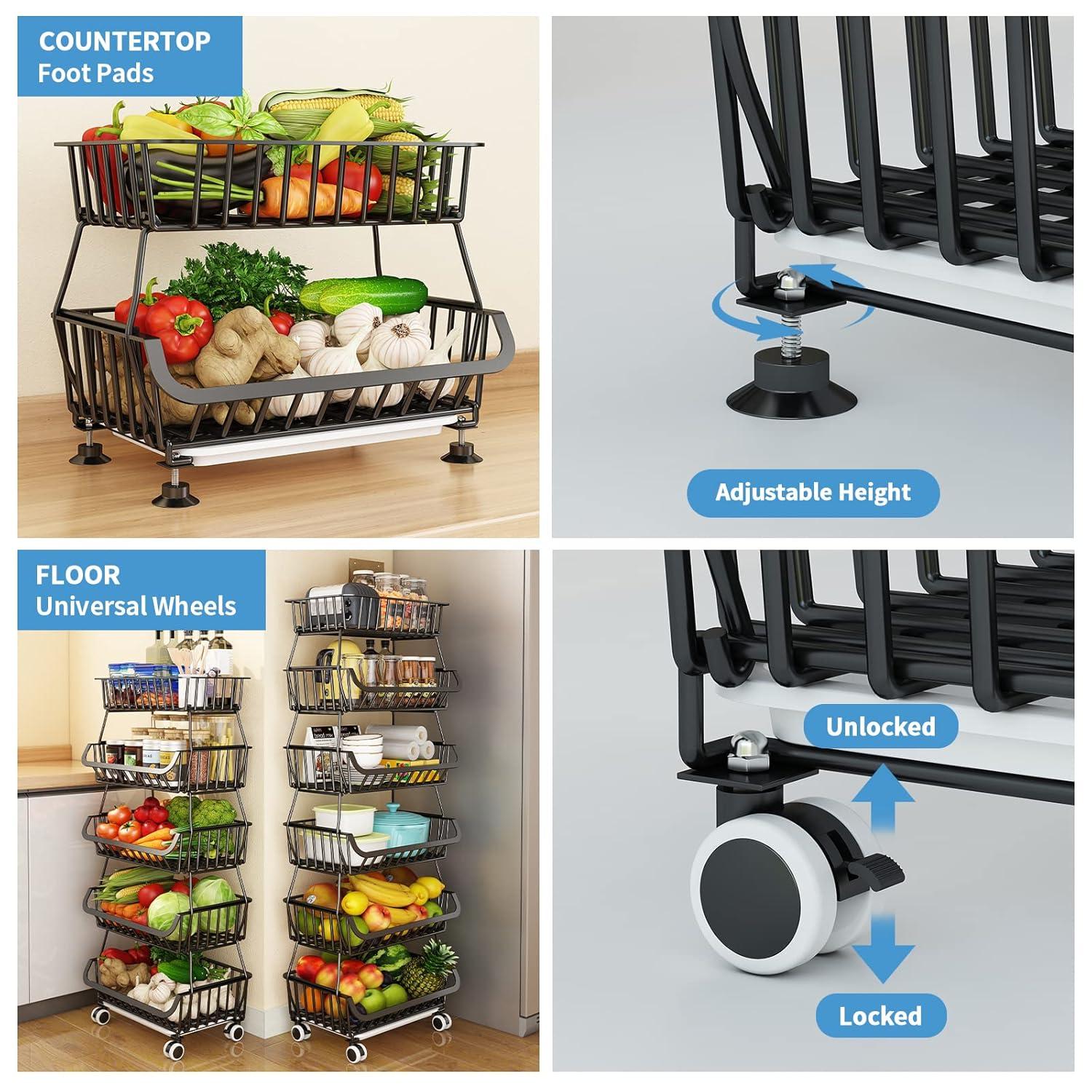 Wisdom Star 5 Tier, Kitchen Fruit Vegetable Storage Cart, Vegetable Basket Bins for Onions and Potatoes, Wire Storage Organizer Utility Cart with Wheels, Black