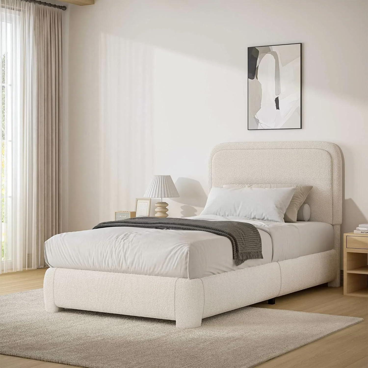 Manfred Boucle Upholstered Cloud Bed Frame with Rounded Corners Headboard, Soft Platform Bed Frame with Thickened Footboard