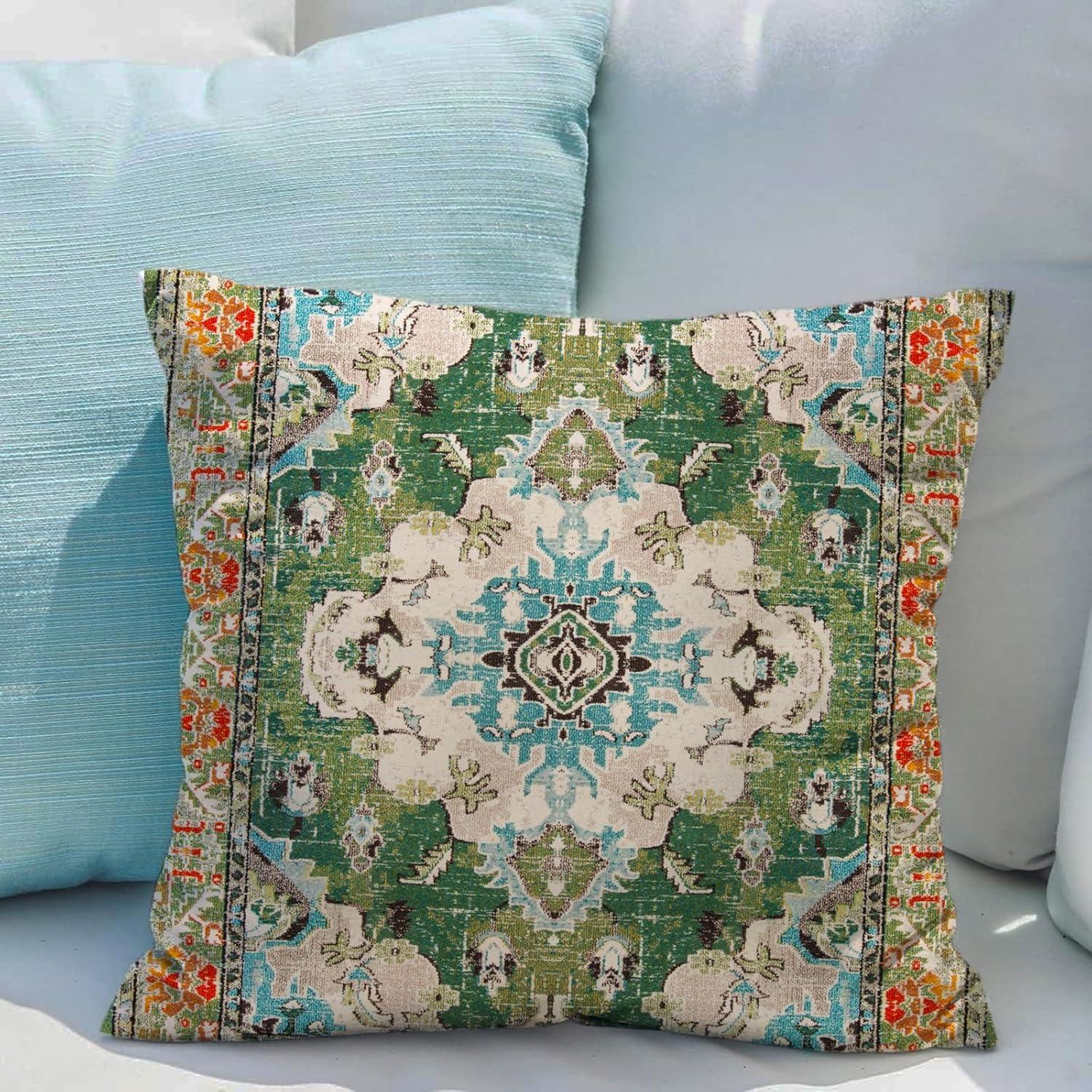 Boho Green Throw Pillow Covers 18x18 inch Set of 2,Bohemian Carpet Double Sided Pattern Soft Plush Cushion Cover for Couch Sofa Bed Decorative,Only Pillowcase (No Insert)