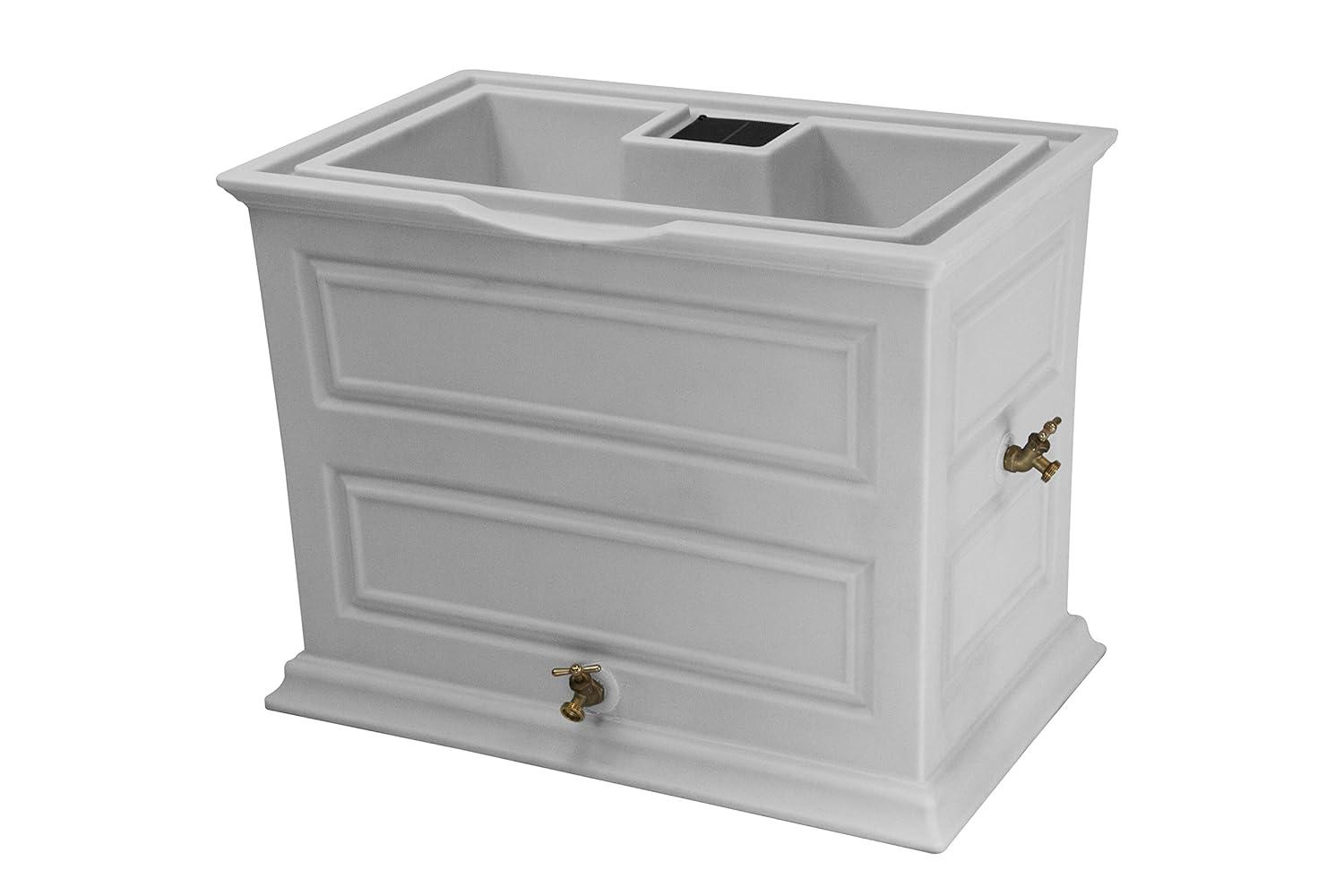 Good Ideas Savannah Colonial Style 42 Gallon Rain Saver Barrel with Self-Draining Garden Planter and Brass Spigots, Light Gray