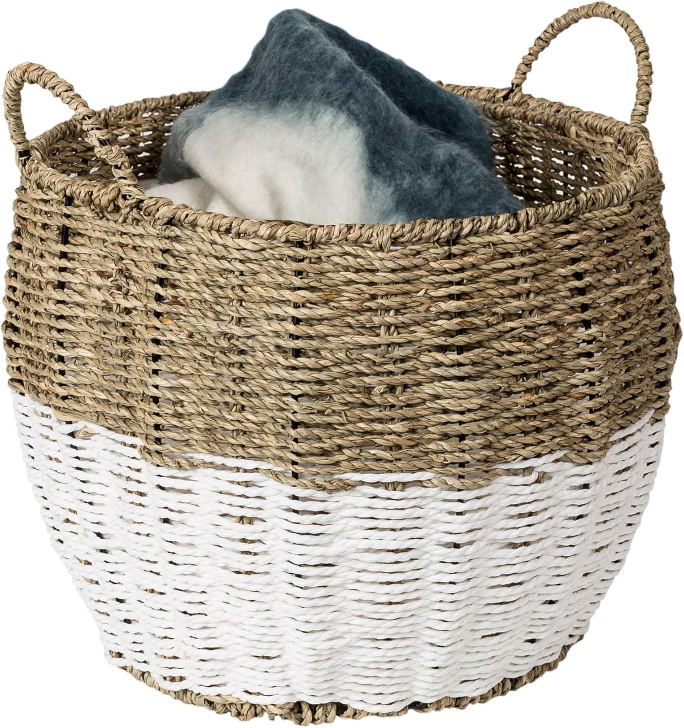 Honey-Can-Do Seagrass Round Storage Basket with Handles, Natural/White