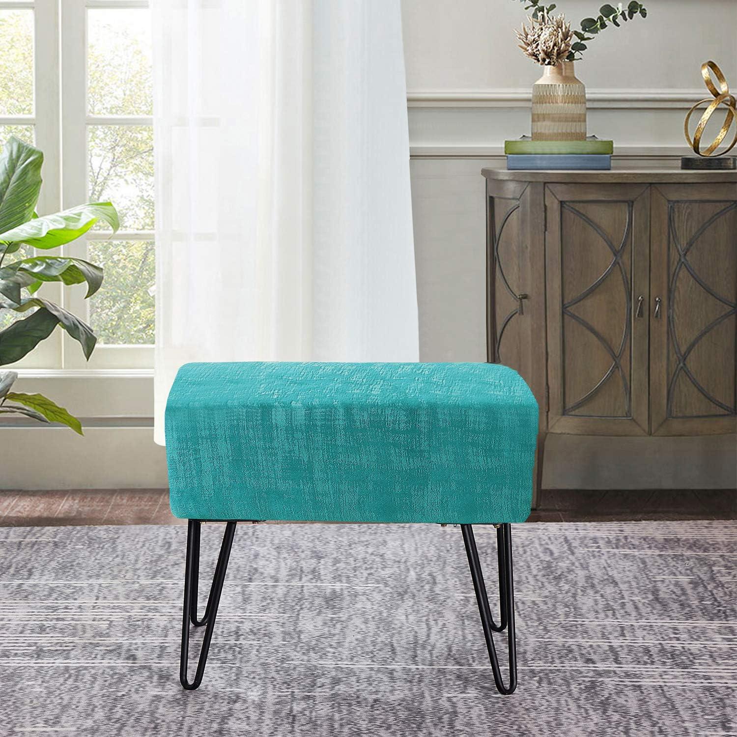 Home Soft Things Blue Textured Velvet Ottoman, North Sea, 19'' x 13'' x 17'' H, Fuzzy Entry Way Ottoman Bench for Living Room Bedroom End of Bed Decorative Makeup Stool Foot Rest Chair Home Décor