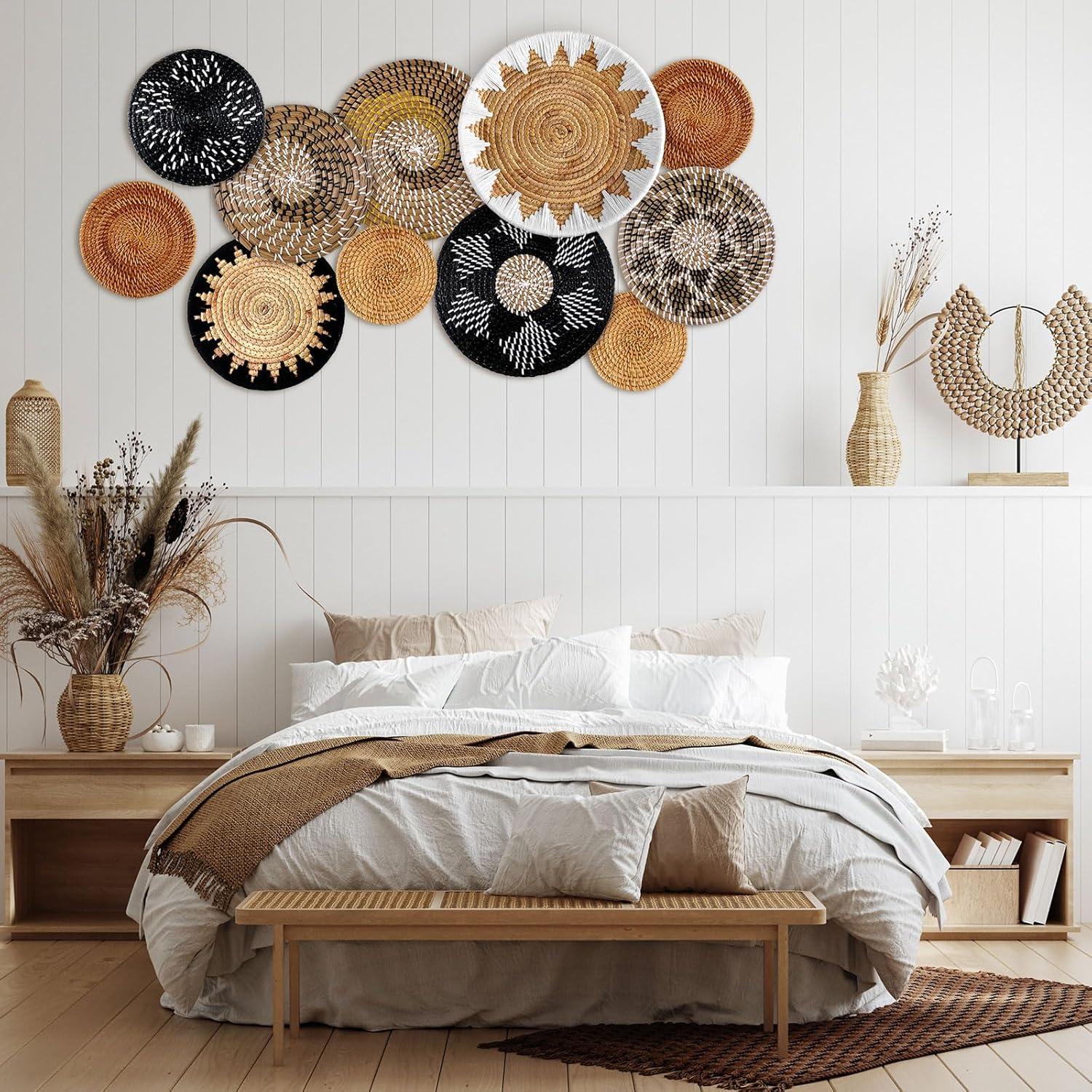 Tatuo 11 Pcs Boho Wall Basket Decor Decorative Bulrush Woven Basket Wall Decor Art Round Farmhouse Hanging Baskets for Kitchen Rustic Home Summer Decorations, Multi Sizes(Retro)