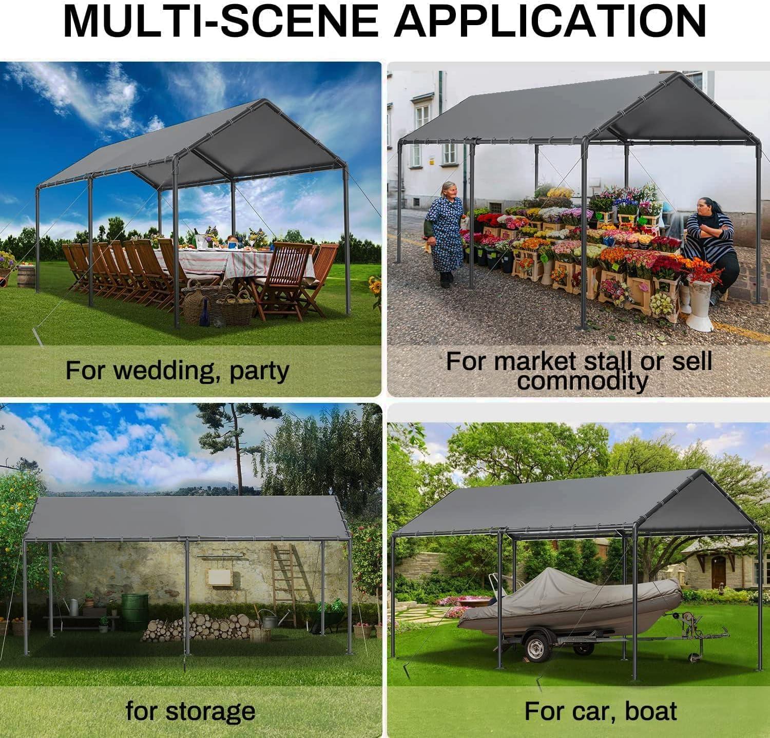 Carports Canopy 10x20 Heavy Duty, Metal Carport Waterproof Carports Garage Tent with 6 Steel Stakes Outdoor for Car Tuck Boat SUV Party (Grey)